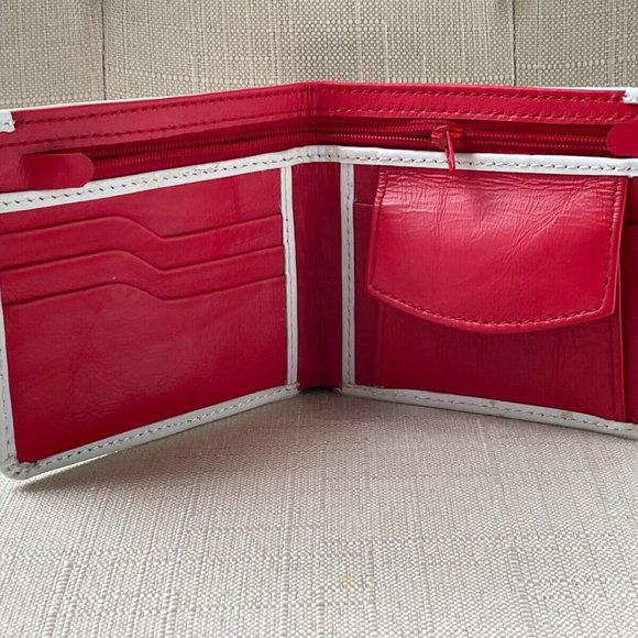 Leather Billfold Red/White Genuine Leather Wallet Handmade Card Holder Purse - Picture 3 of 12